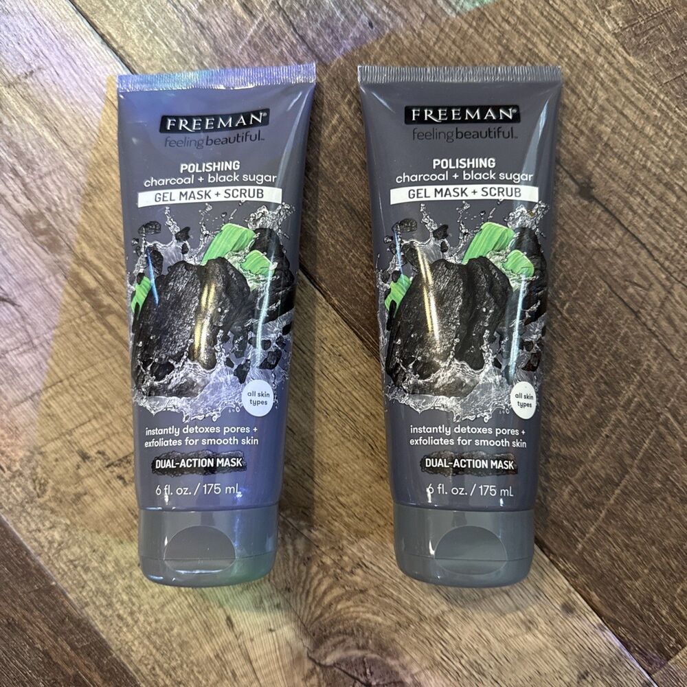 2x Freeman Charcoal Black Sugar Polishing Gel Mask Scrub (175ml / 6 oz ea.)